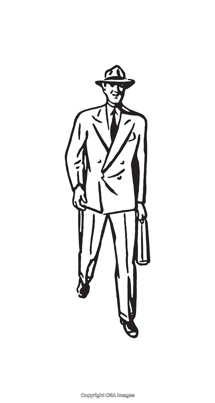 Black and White Illustration of a Businessman in a Suit with a Briefcase