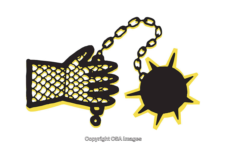Medieval Weapon Illustration with Chainmail Glove Holding a Spiked Mace