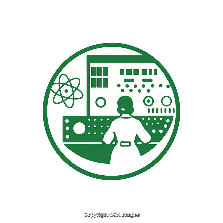 Scientist Operating Advanced Technology with an Atomic Symbol Logo