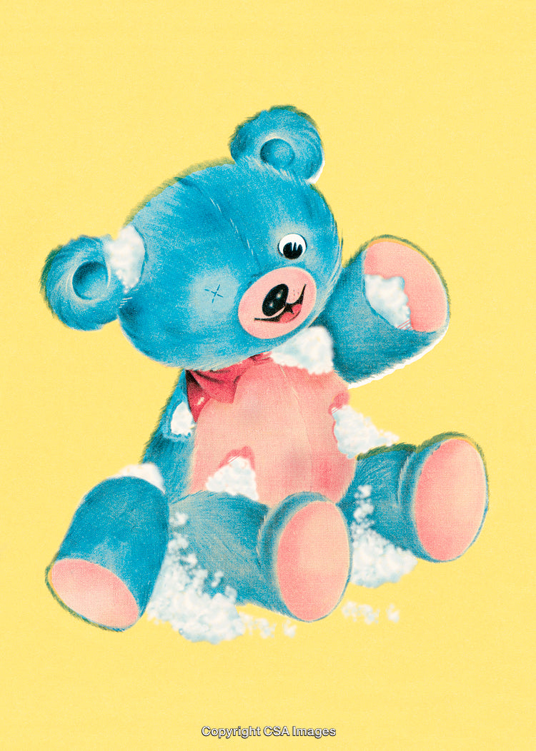Blue Teddy Bear with Pink Details on Yellow Background and Fluffy Stuffing