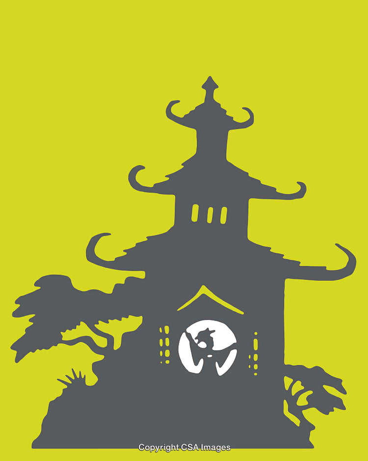 Silhouetted Pagoda Scene with Decorative Asian Architecture and Curved Lines