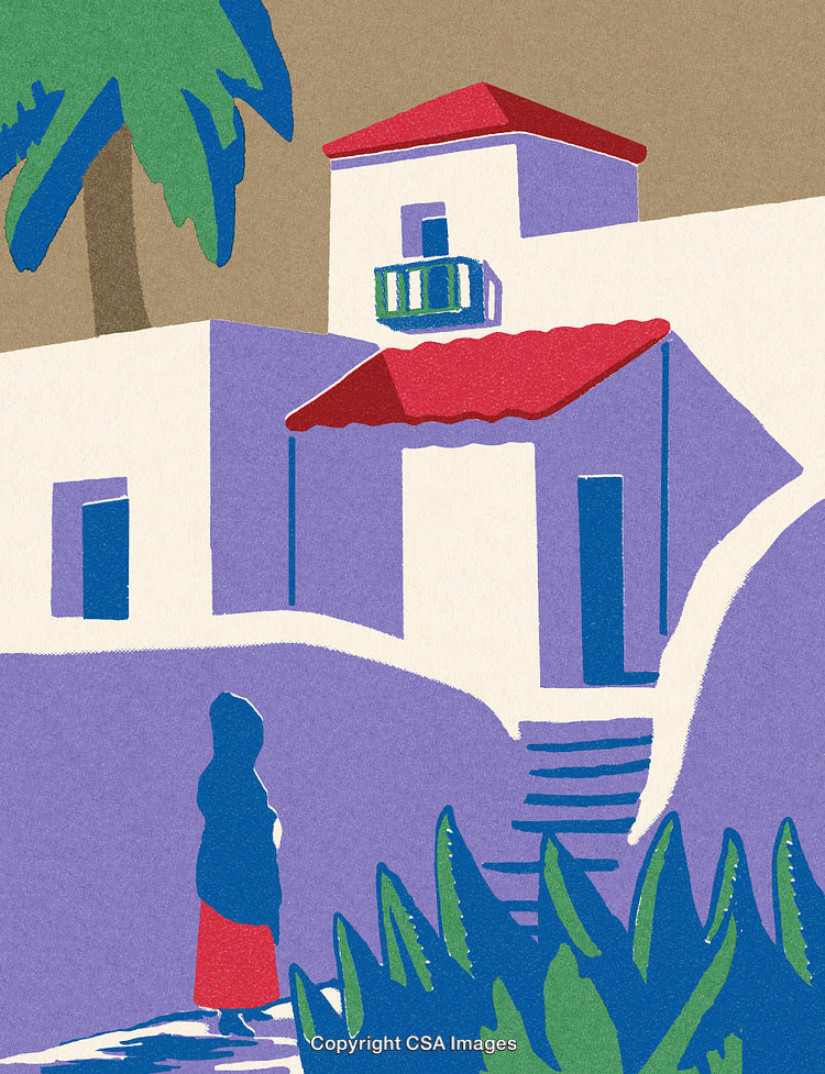 Bright Abstract Illustration of a Mediterranean House with Red Roof and Palm Tree