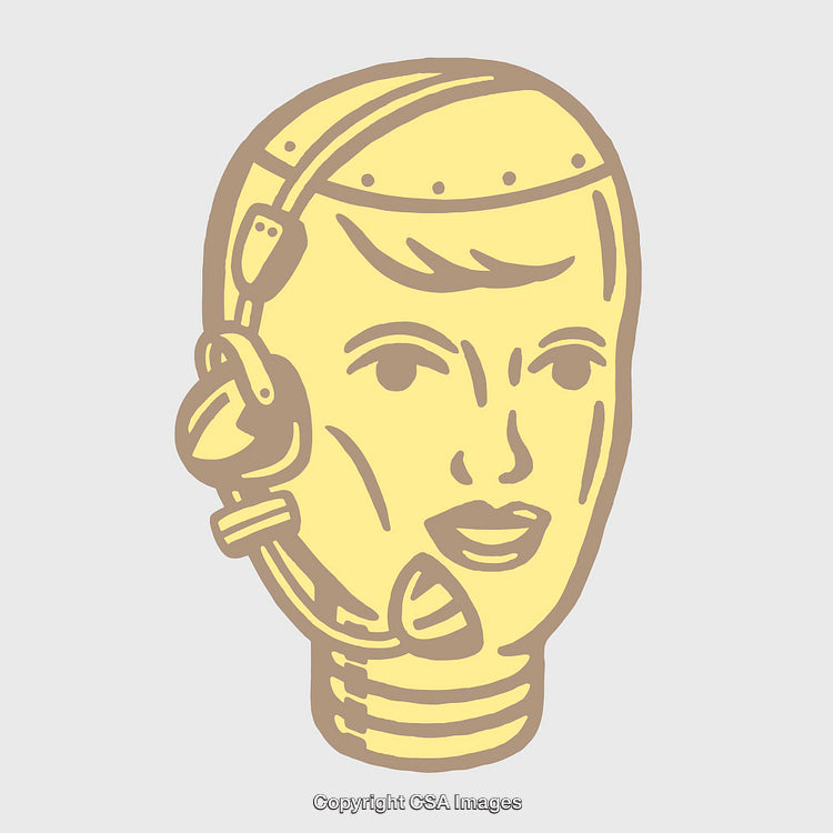 Retro Style Line Art of a Robotic Head with Headset Features