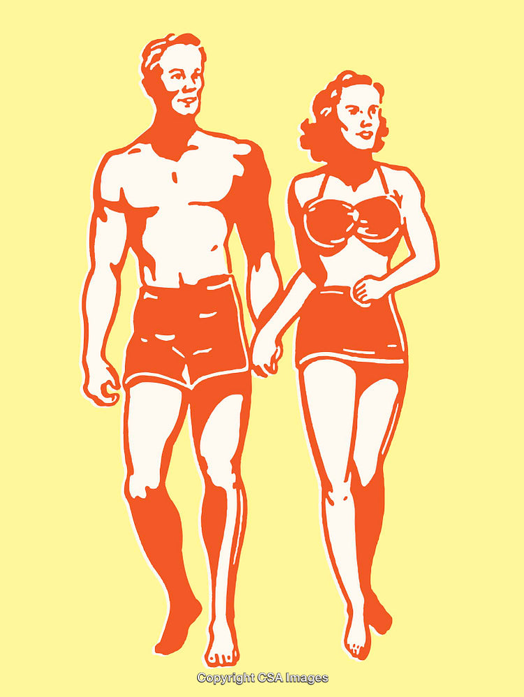 Retro Illustration of a Couple Walking Together on a Bright Day