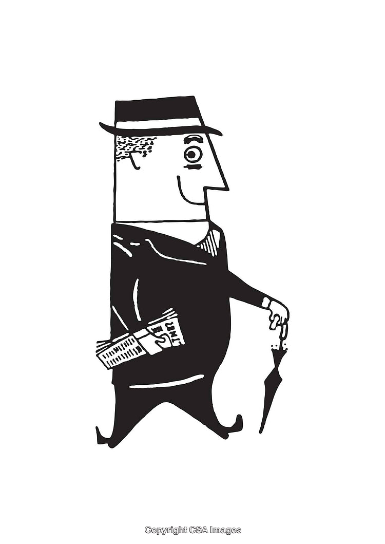 Monochrome Line Art of a Gentleman with Newspaper and Umbrella