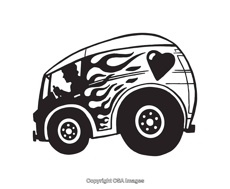 Stylized Black and White Van Illustration with Creative Flame Design