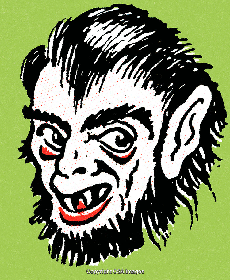 Cartoon Illustration of a Spooky Character with Fangs and Red Accents