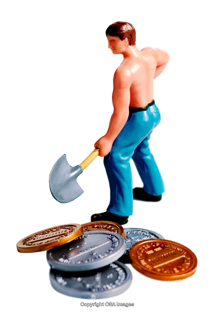 Plastic Toy Figure with Shovel and Piled Coins on White Background