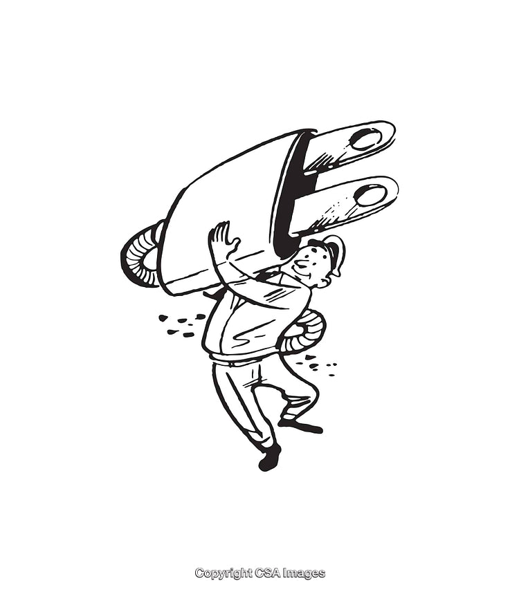 Humorous Illustration of Person Carrying Oversized Electrical Plug