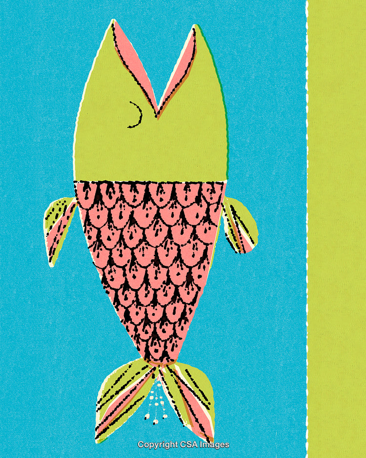 Whimsical Illustration of a Colorful Fish on Bright Blue Background