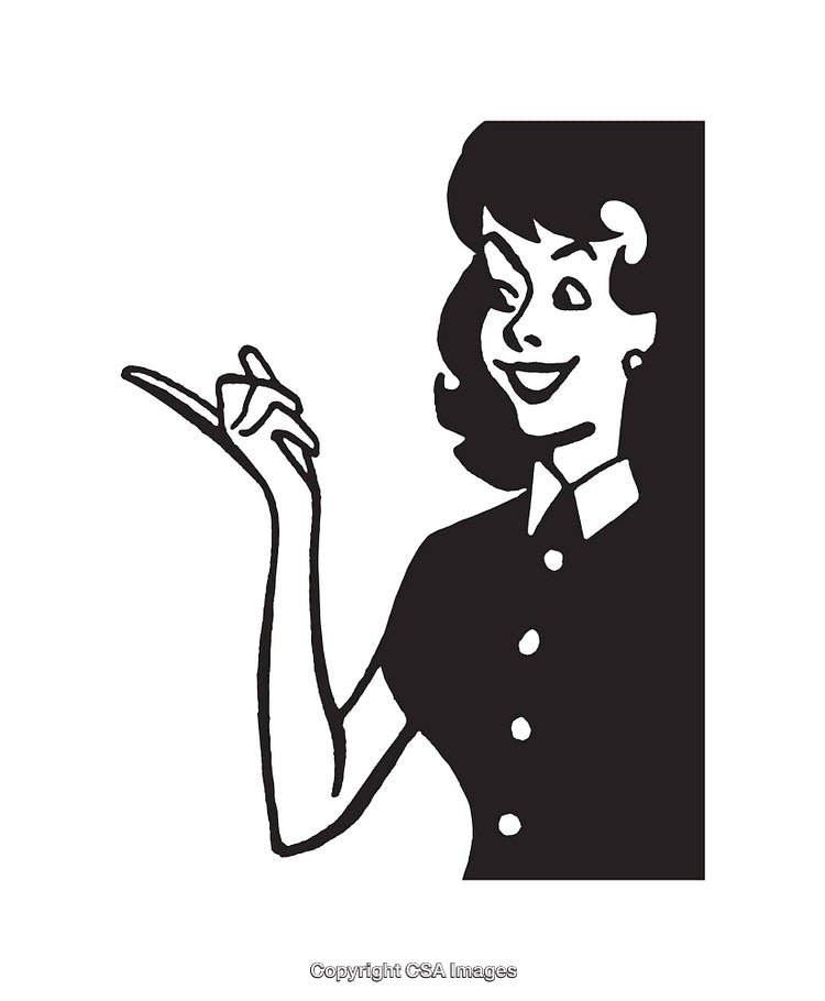 Vintage Black and White Illustration of a Smiling Woman in Retro Style