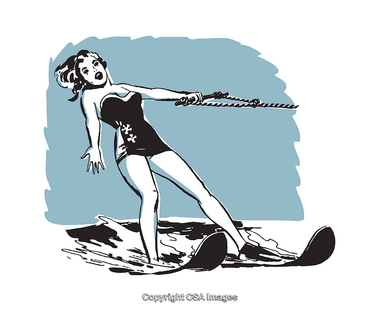 Retro Illustration of Woman Water Skiing in Summer Adventure Scene