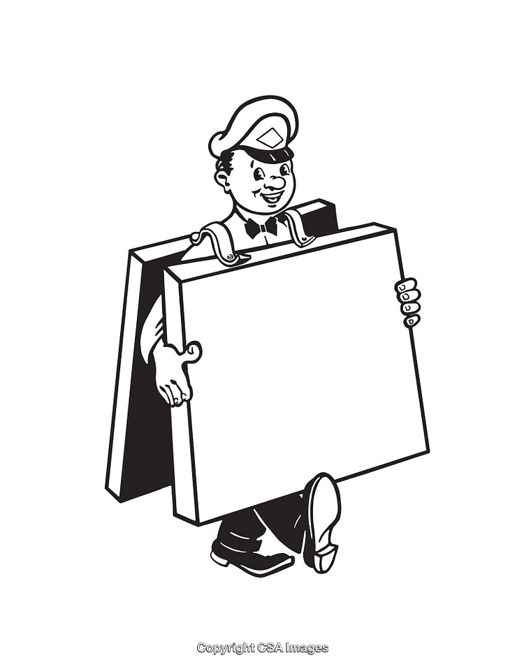 Retro-Style Black And White Art Illustration of a Person Carrying Placards