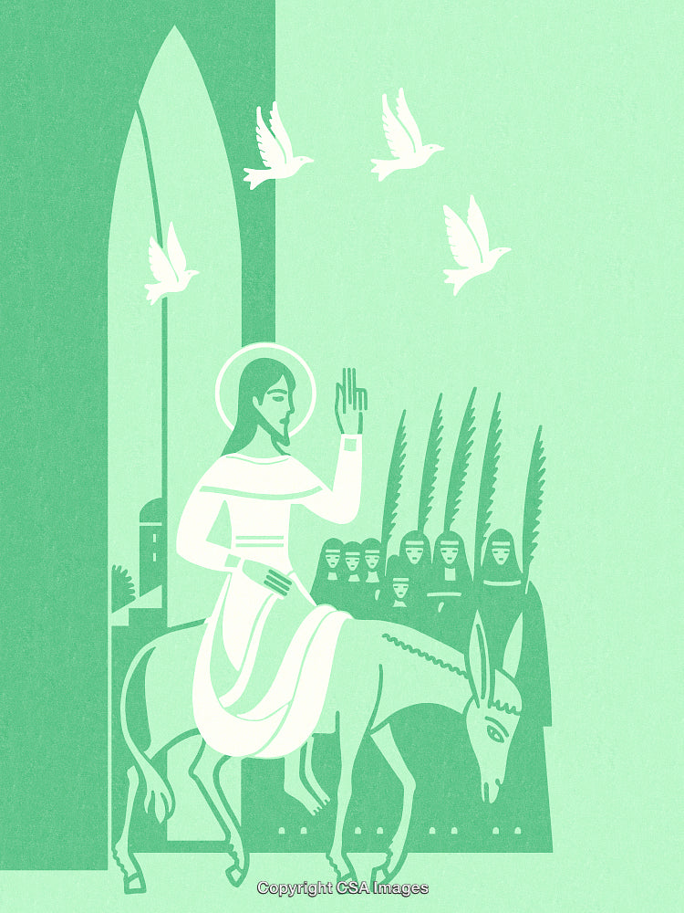 Illustration Depicting Jesus Riding a Donkey on Palm Sunday Journey