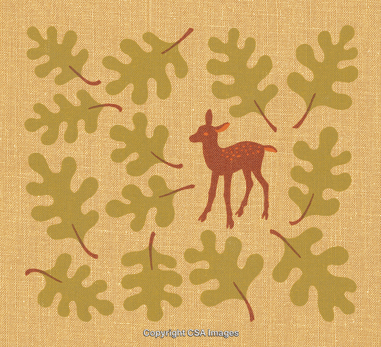 Illustration of a Deer Surrounded by Green Leaves on a Beige Background