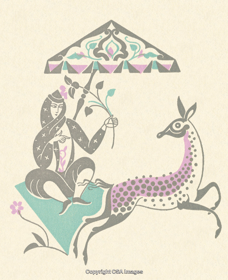 Stylized Design Depicting a Woman and a Deer in Pastel Colors