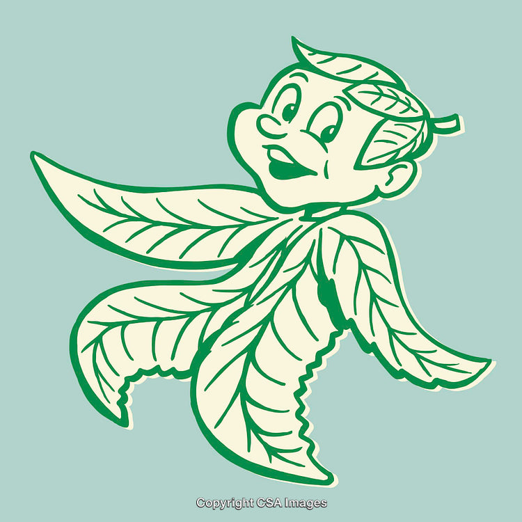 Playful Leaf-Themed Character in Green Line Art Illustration