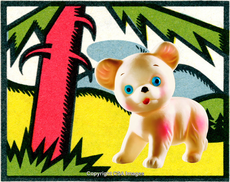 Vintage Plastic Toy Bear in Whimsical Forest Illustration Setting