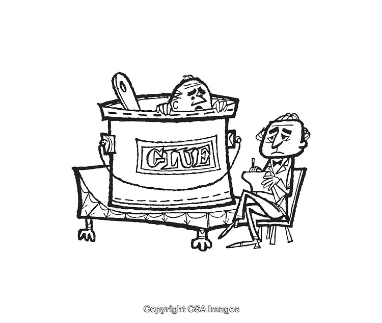 Humorous Black and White Line Art Illustration With a Soup Clue