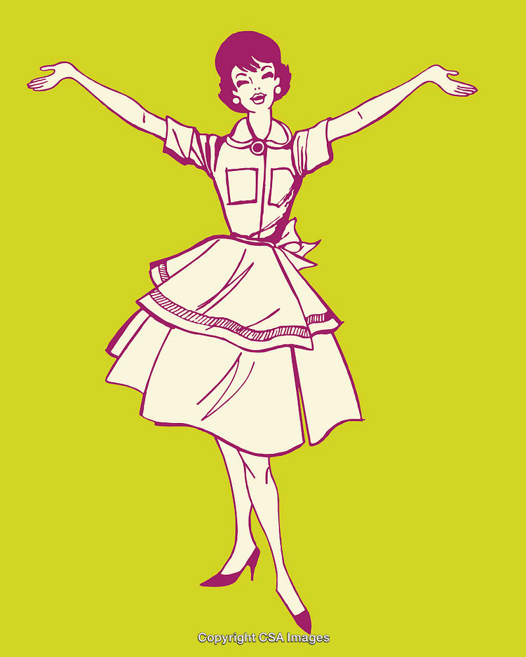 Retro Styled Woman Illustration With Vibrant Colors and Cheerful Pose