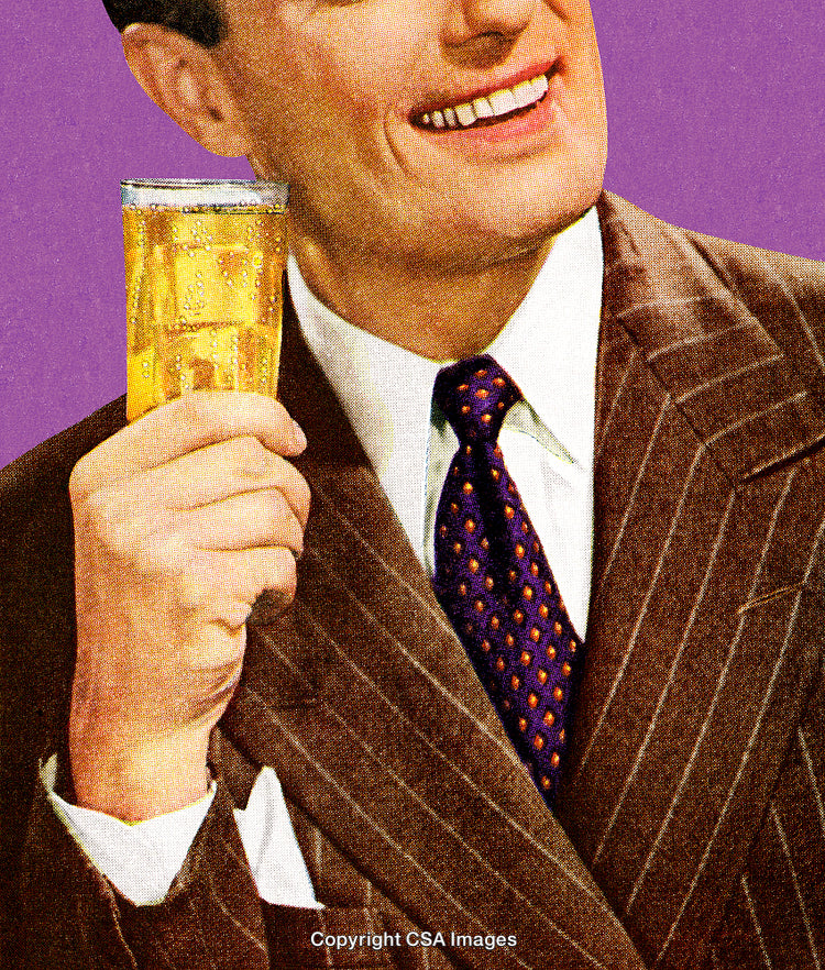 Smiling Man Holding Sparkling Drink in Vintage Illustrated Style
