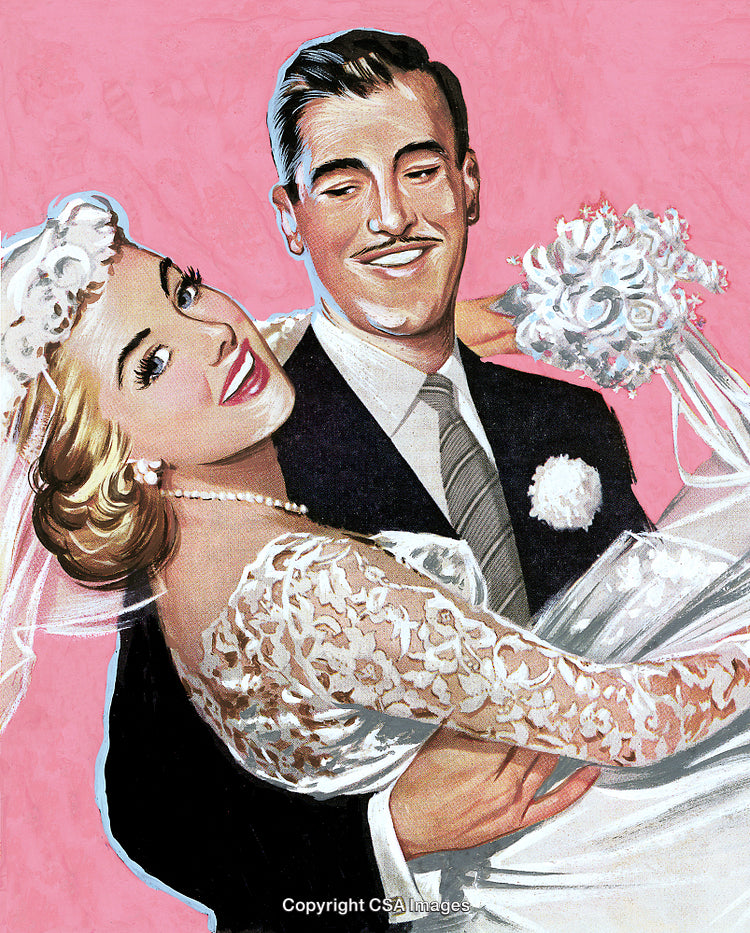 Elegant Vintage Illustration of a Newlywed Couple Embracing in Joyful Celebration