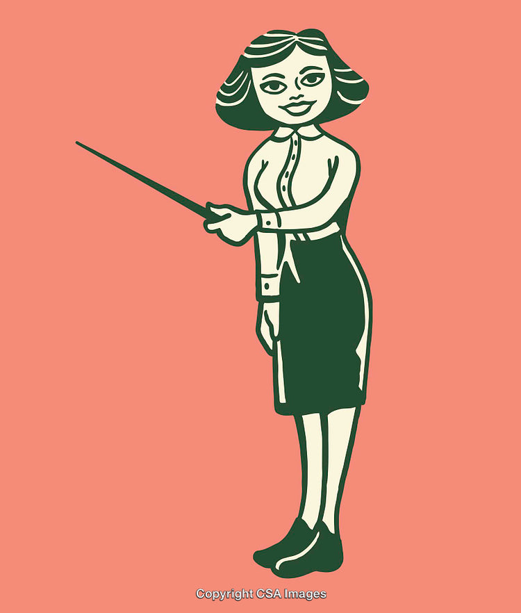 Retro Illustration of a Professional Woman Holding a Pointer on Coral Background