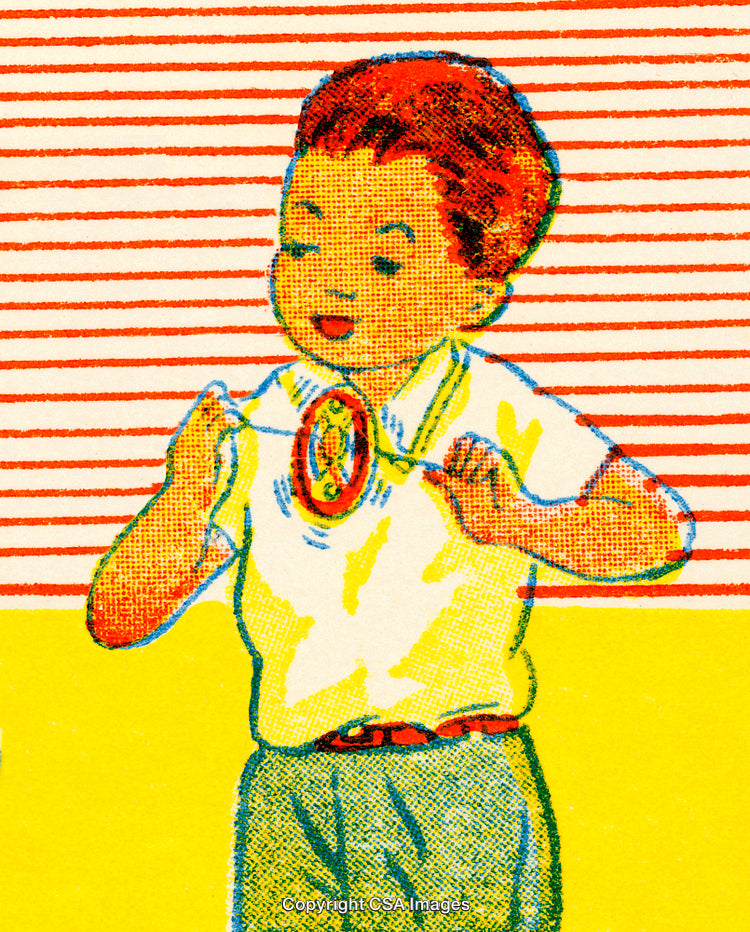 Retro Illustration of a Child Examining a Pendant With Enthusiasm