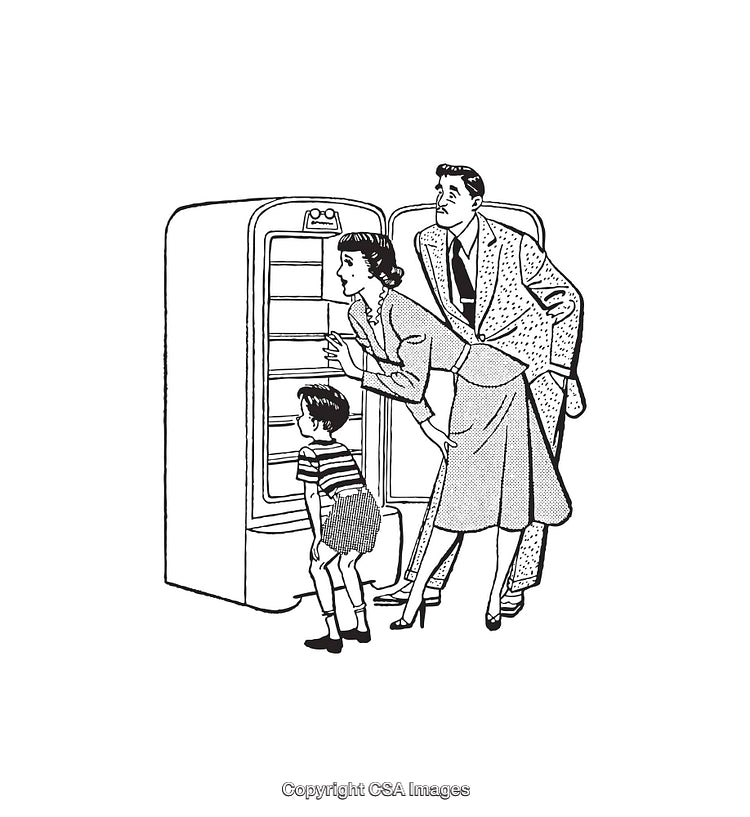 Vintage Line Art of a Family Observing an Open Refrigerator