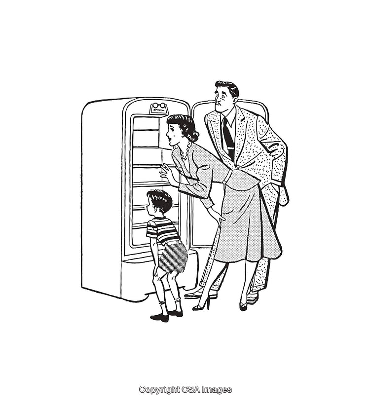 Vintage Line Art of a Family Observing an Open Refrigerator