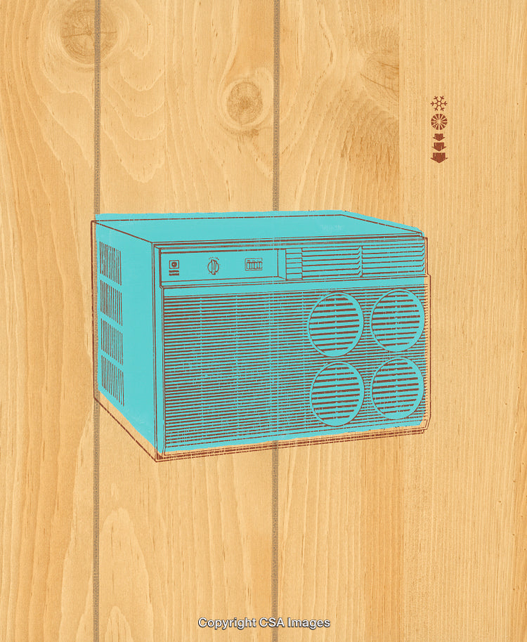 Vintage Blue Air Conditioner Illustration on Wooden Background with Artistic Aesthetic