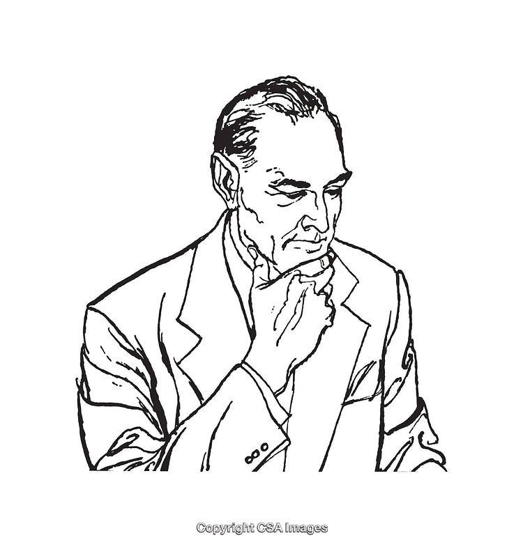 Black and White Line Art of a Pensive Man in Thought