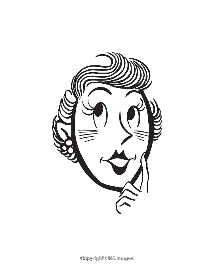 Vintage Black and White Illustration of a Woman Thinking