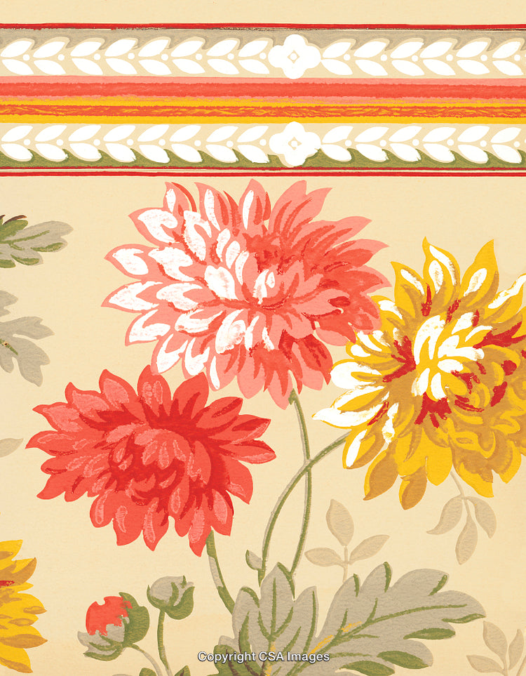 Vintage Floral Pattern with Red and Yellow Flowers on Beige Background
