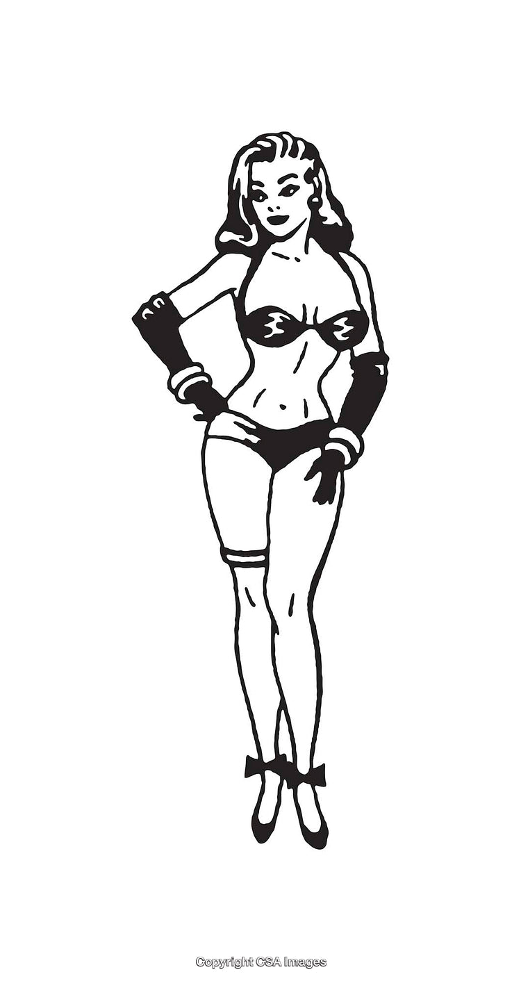 Illustrated Pin-Up Style Retro Girl in Classic Minimalist Line Art