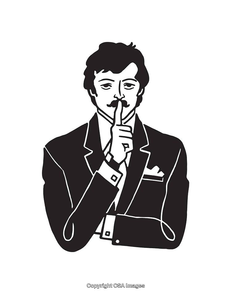 Elegant Man in Line Art Holding Finger to Lips in Shushing Gesture