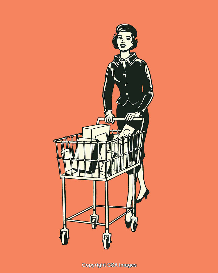 Vintage Style Illustration of Woman Shopping with Trolley