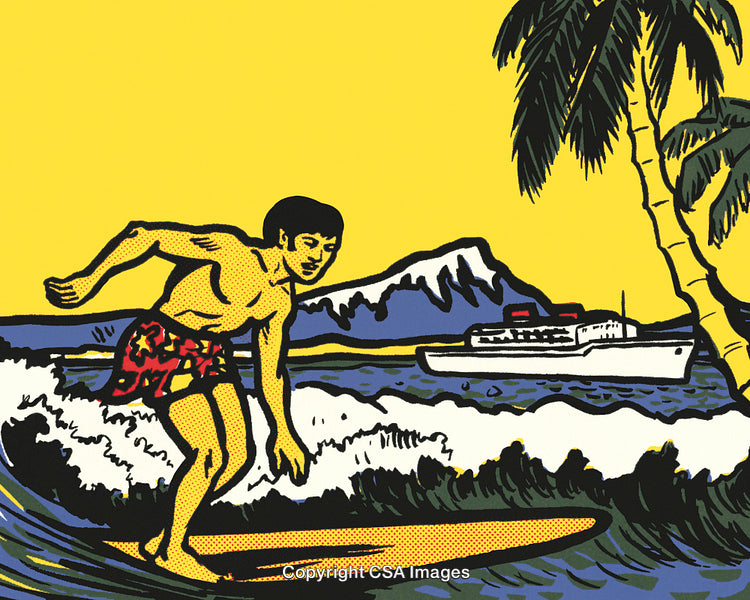 Surfer Riding Waves by Palm Tree with Ship in Vibrant Illustration