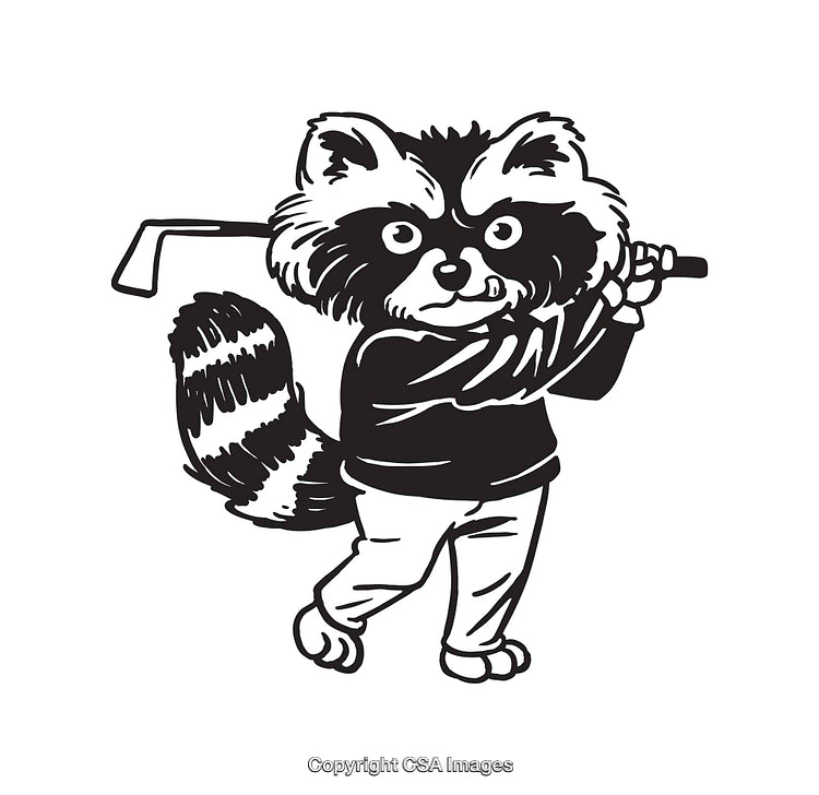 Black and White Illustration of a Raccoon Playing Golf with a Club