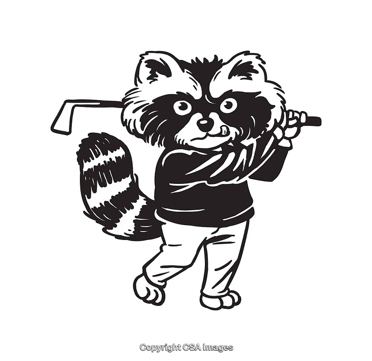 Black and White Illustration of a Raccoon Playing Golf with a Club