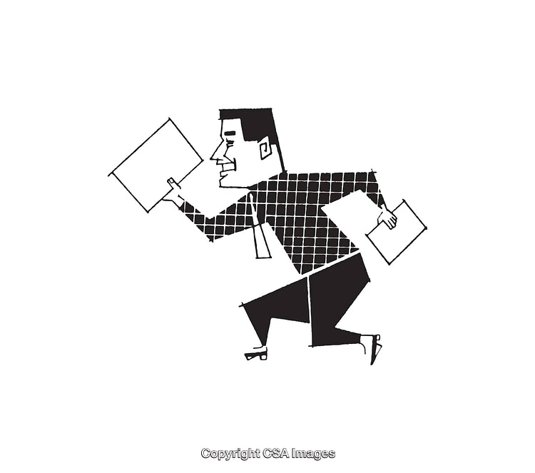 Black and White Illustration of a Running Businessman Holding Papers