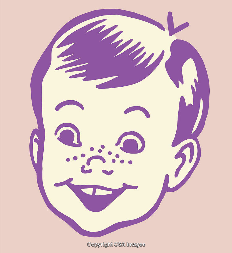 Vintage Child Smiling in Playful Retro Line Art Drawing