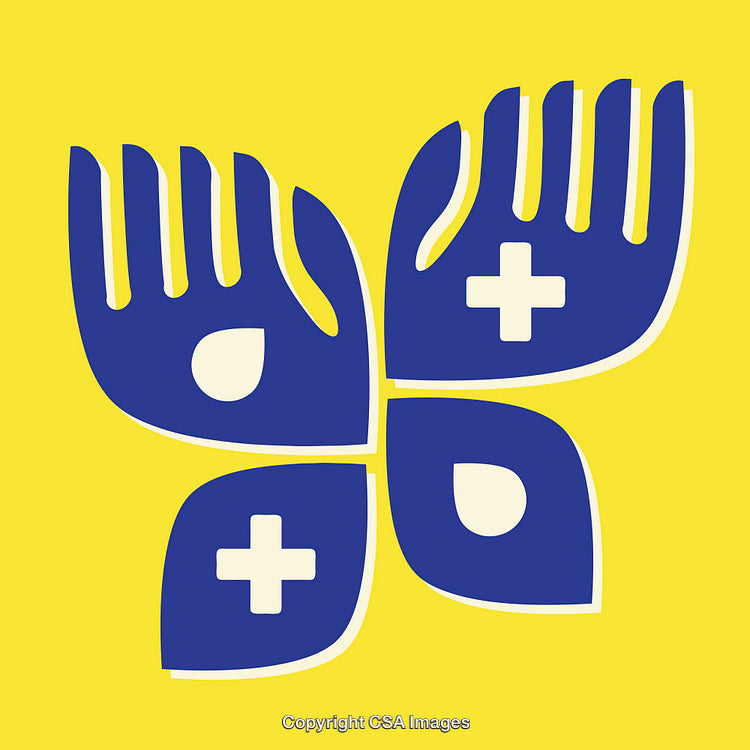 Abstract Blue Hands Forming Cross and Teardrop Symbols on Yellow Background