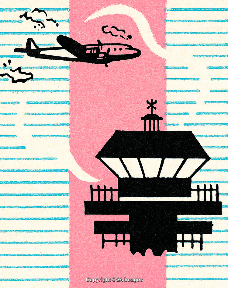 Illustration of Airplane and Control Tower with Pink and Blue Background
