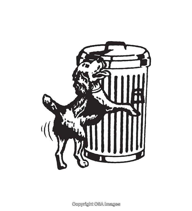 Black and White Line Art of a Dog and Trash Bin Interaction