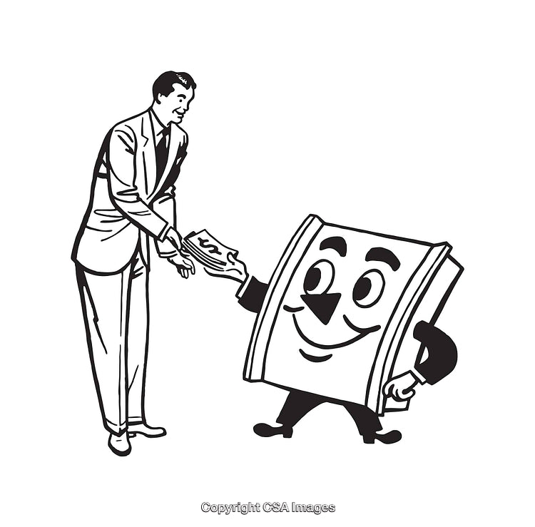 Vintage Black and White Illustration Featuring Book Mascot and Businessman