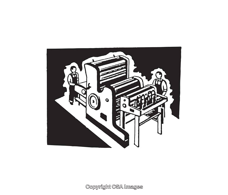 Industrial Printing Press Line Art Illustration with Workers in Vintage Style