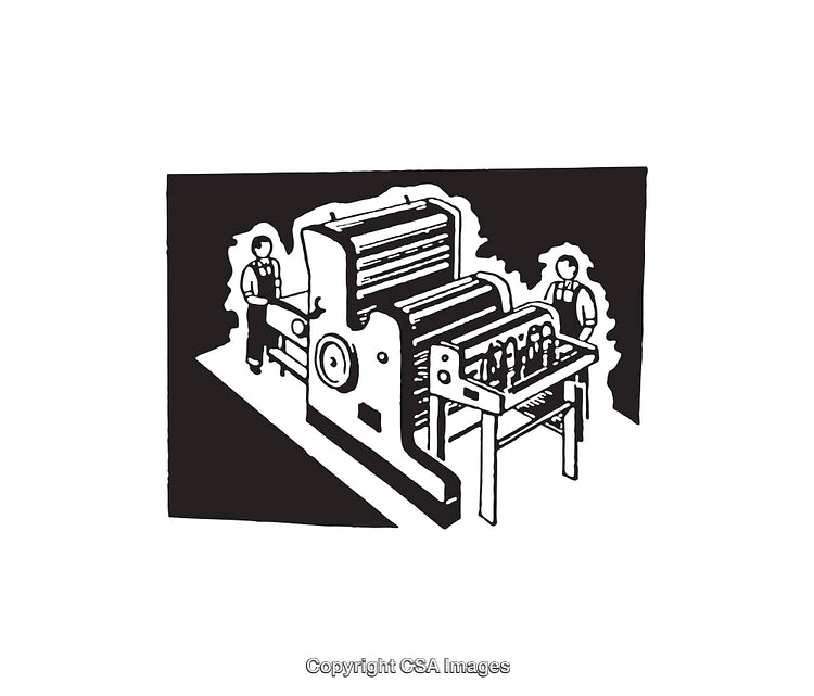 Industrial Printing Press Line Art Illustration with Workers in Vintage Style