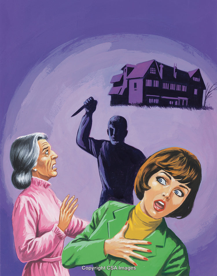 Vintage Thriller Scene Depicting Suspenseful Encounter Near a Large Mansion