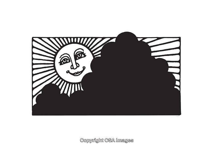 Illustrated Sun Smiling Behind Dark Cloud in Black and White Design